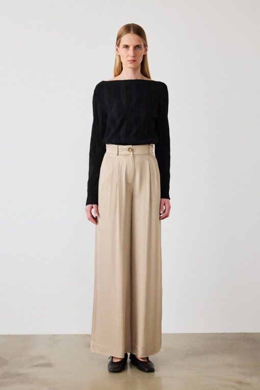 Beige Palazzo Geniş Paça Kadın Pantolon - Mısırlı