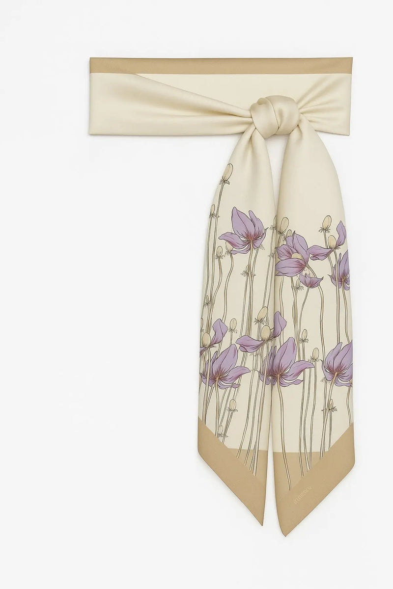 Camel Ekru Çiçek Desenli İpek Eşarp  Mısırlı 1951