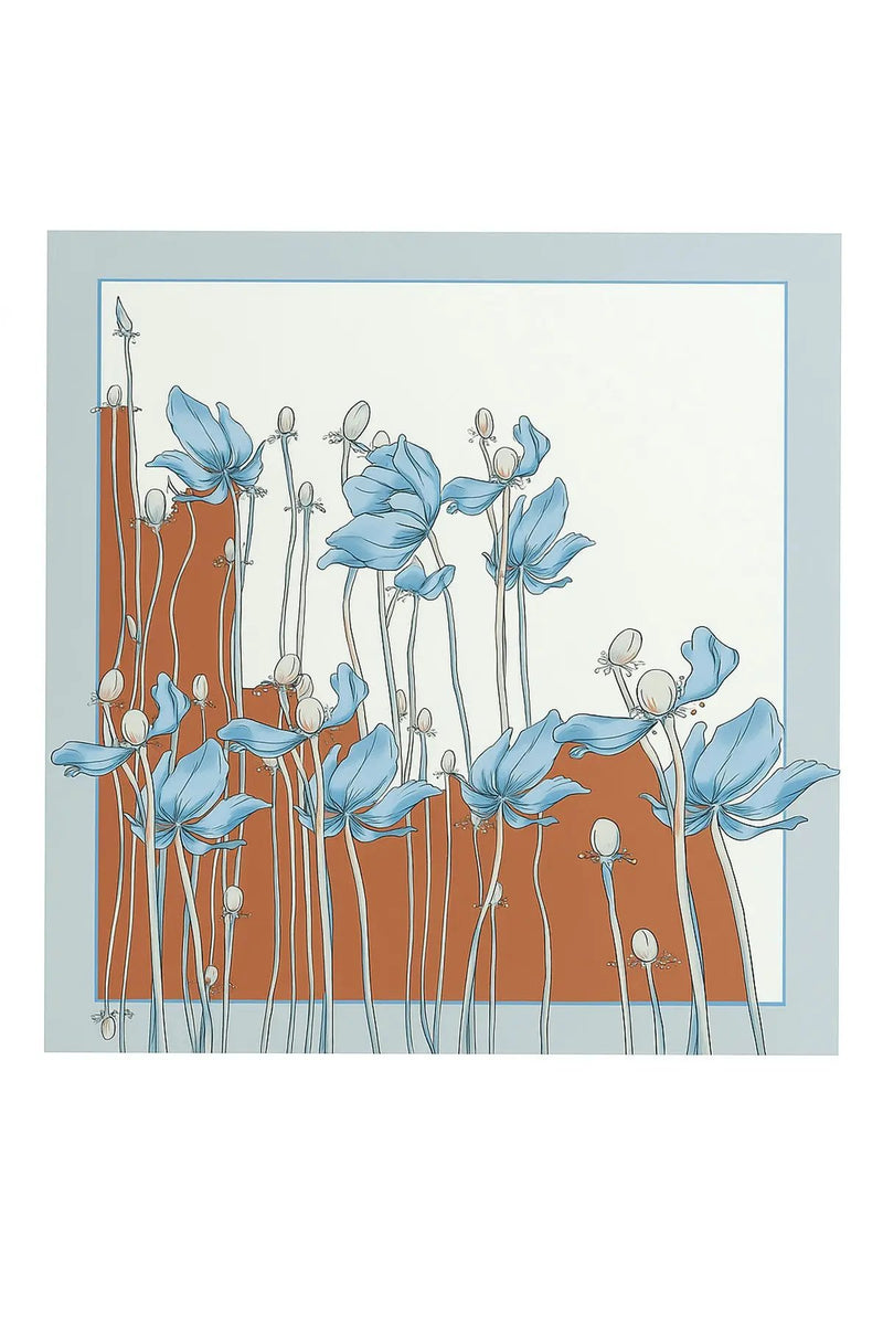 Kiremit Ekru Çiçek Desenli İpek Eşarp  Mısırlı 1951