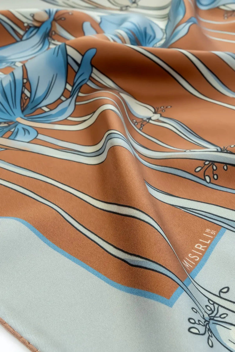 Kiremit Ekru Çiçek Desenli İpek Eşarp  Mısırlı 1951