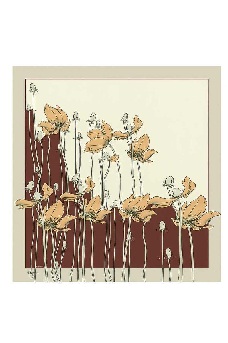 Mürdüm Ekru Çiçek Desenli İpek Eşarp  Mısırlı 1951