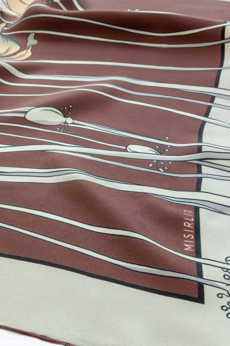 Mürdüm Ekru Çiçek Desenli İpek Eşarp  Mısırlı 1951