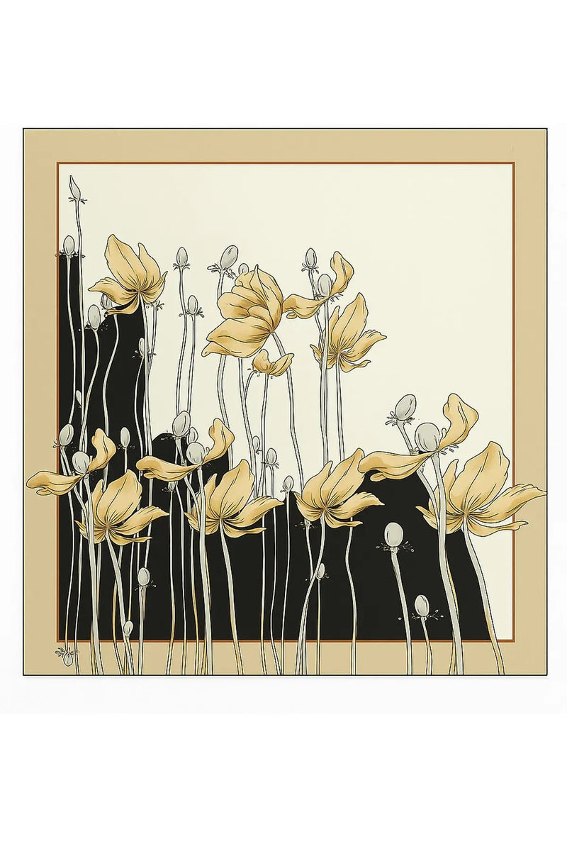 Siyah Ekru Çiçek Desenli İpek Eşarp  Mısırlı 1951