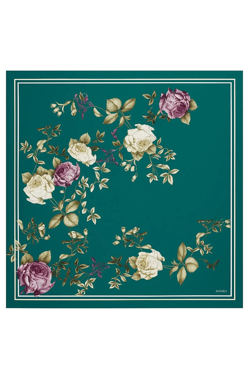 Zümrüt Yeşili Gül Desenli İpek Eşarp  Mısırlı 1951