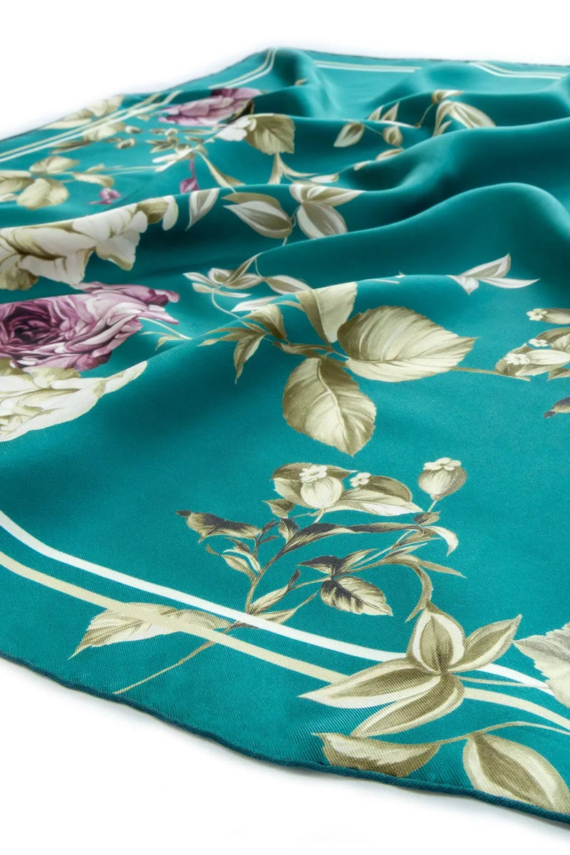 Zümrüt Yeşili Gül Desenli İpek Eşarp  Mısırlı 1951