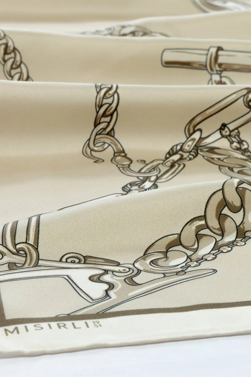 Açık Kahverengi Bej Zincir Motifli İpek Şal  Mısırlı 1951