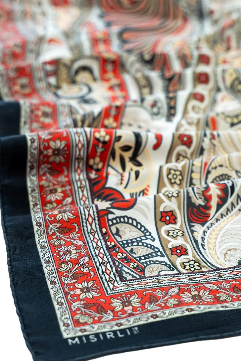 Oranj Siyah Barok Desen İpek Şal  Mısırlı 1951