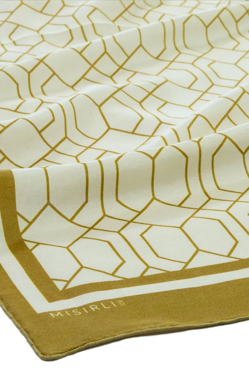 Hardal Ekru Geometrik Desenli İpek Şal  Mısırlı 1951