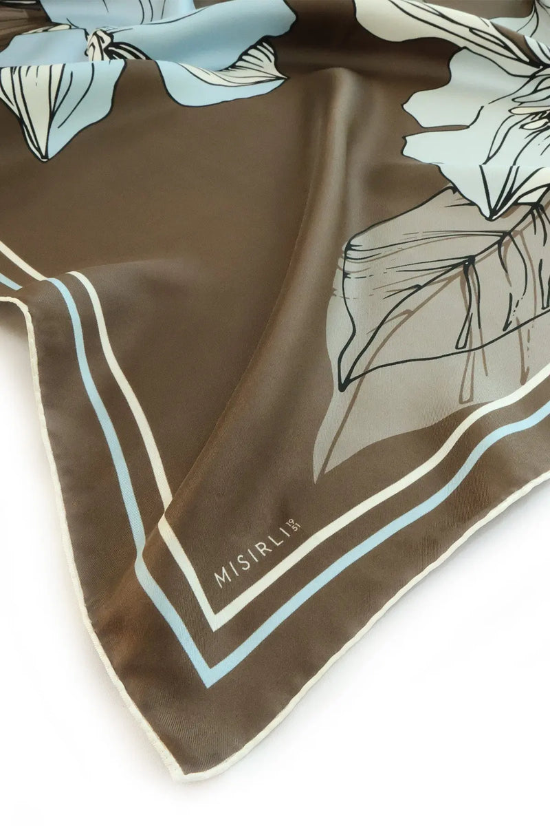 Kahverengi İri Çiçek Baskılı İpek Eşarp  Mısırlı 1951