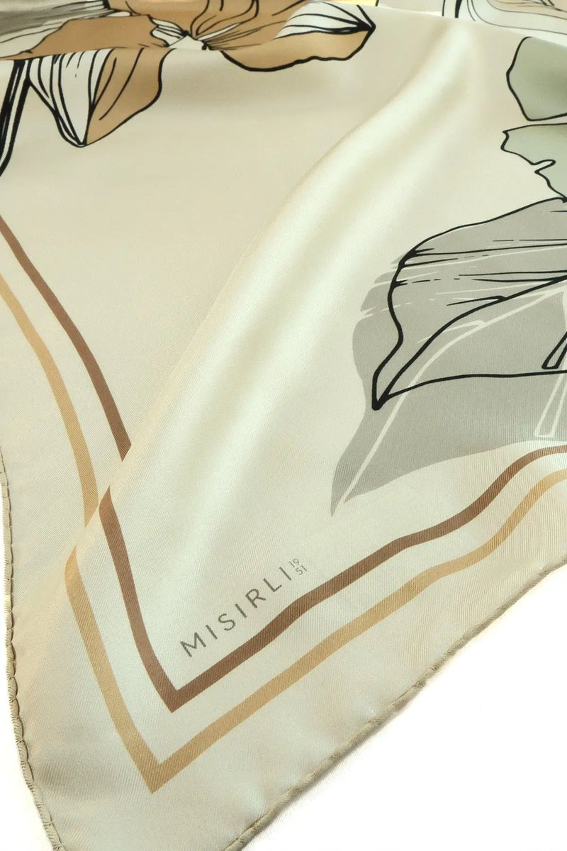 Ekru İri Çiçek Baskılı İpek Eşarp  Mısırlı 1951