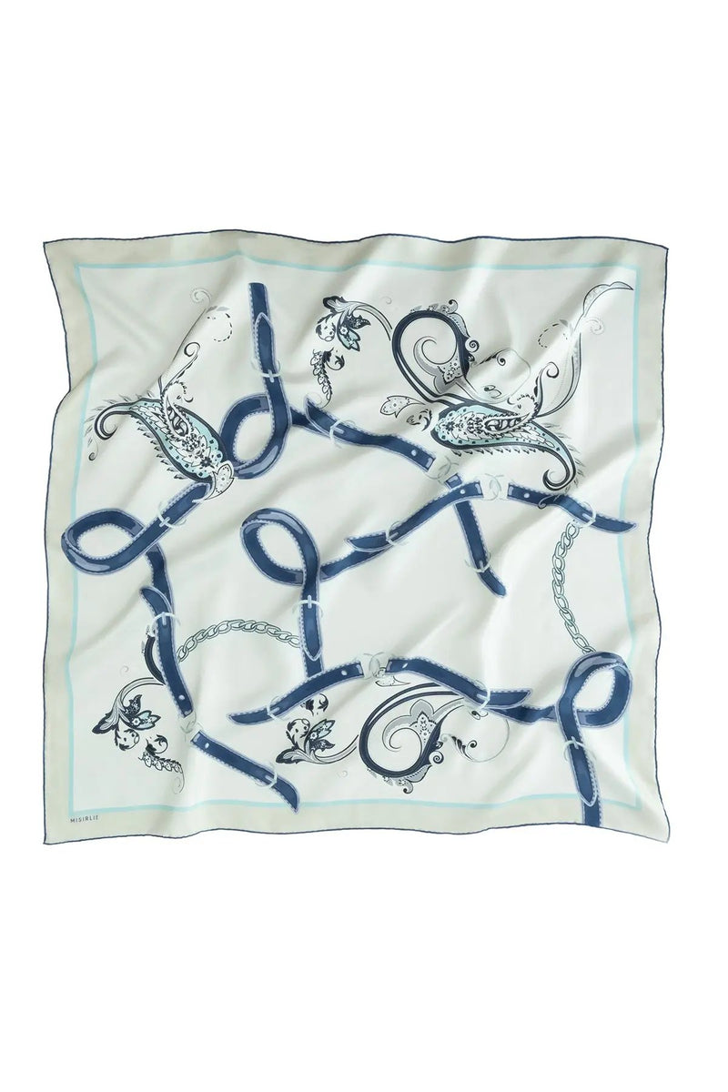 Ekru Lacivert Şal Desenli İpek Eşarp  Mısırlı 1951