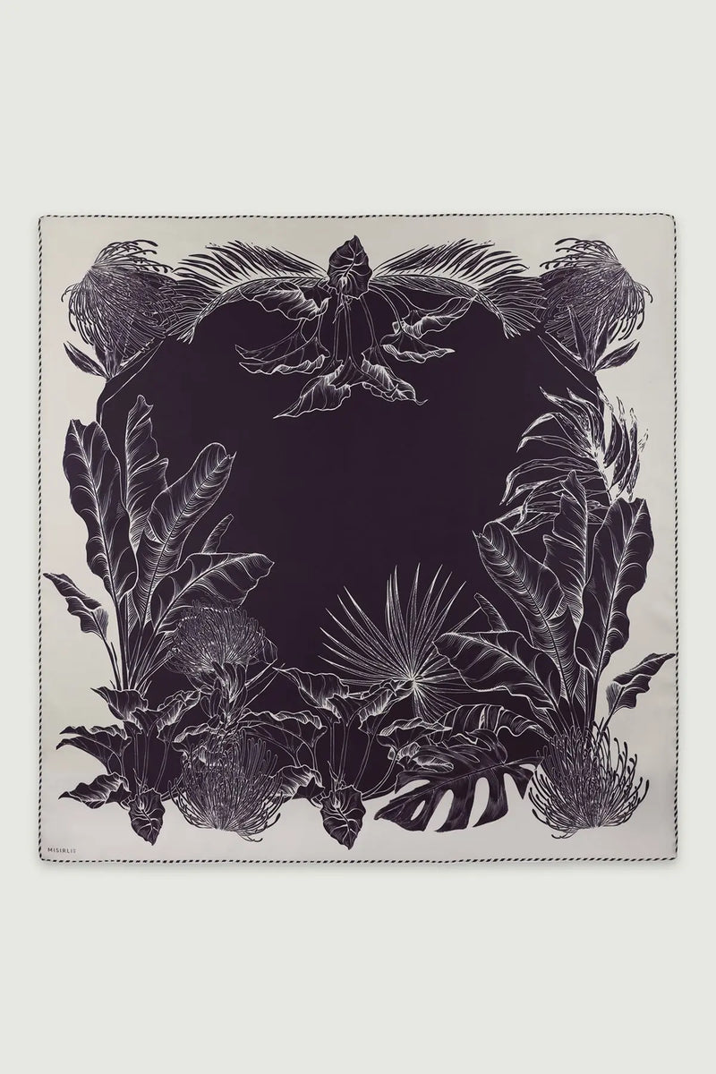 Mor Tropikal Botanik Desenli İpek Eşarp  Mısırlı 1951