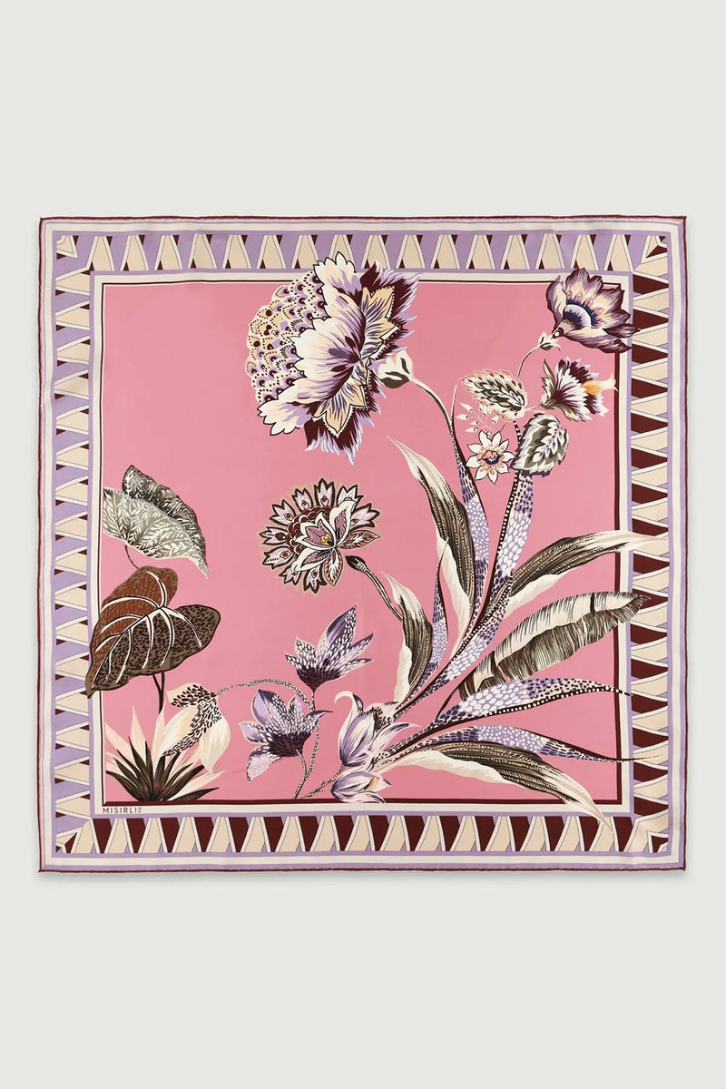 Pembe Vintage Floral Motifli İpek Eşarp  Mısırlı 1951