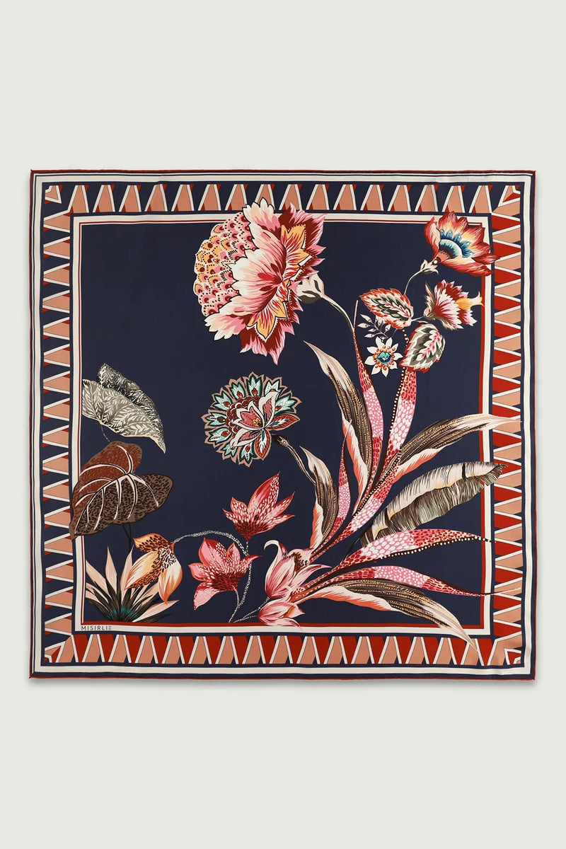 Lacivert Vintage Floral Motifli İpek Eşarp  Mısırlı 1951