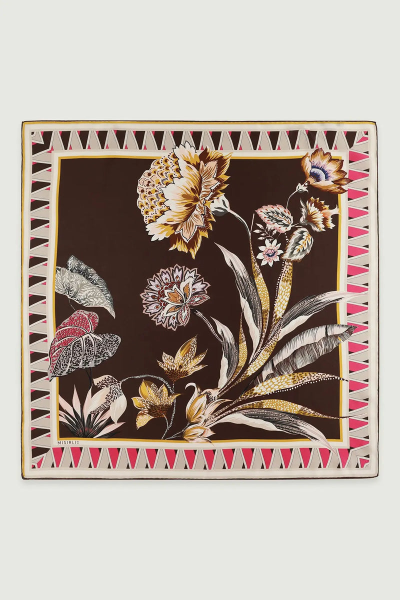Kahverengi Vintage Floral Motifli İpek Eşarp  Mısırlı 1951