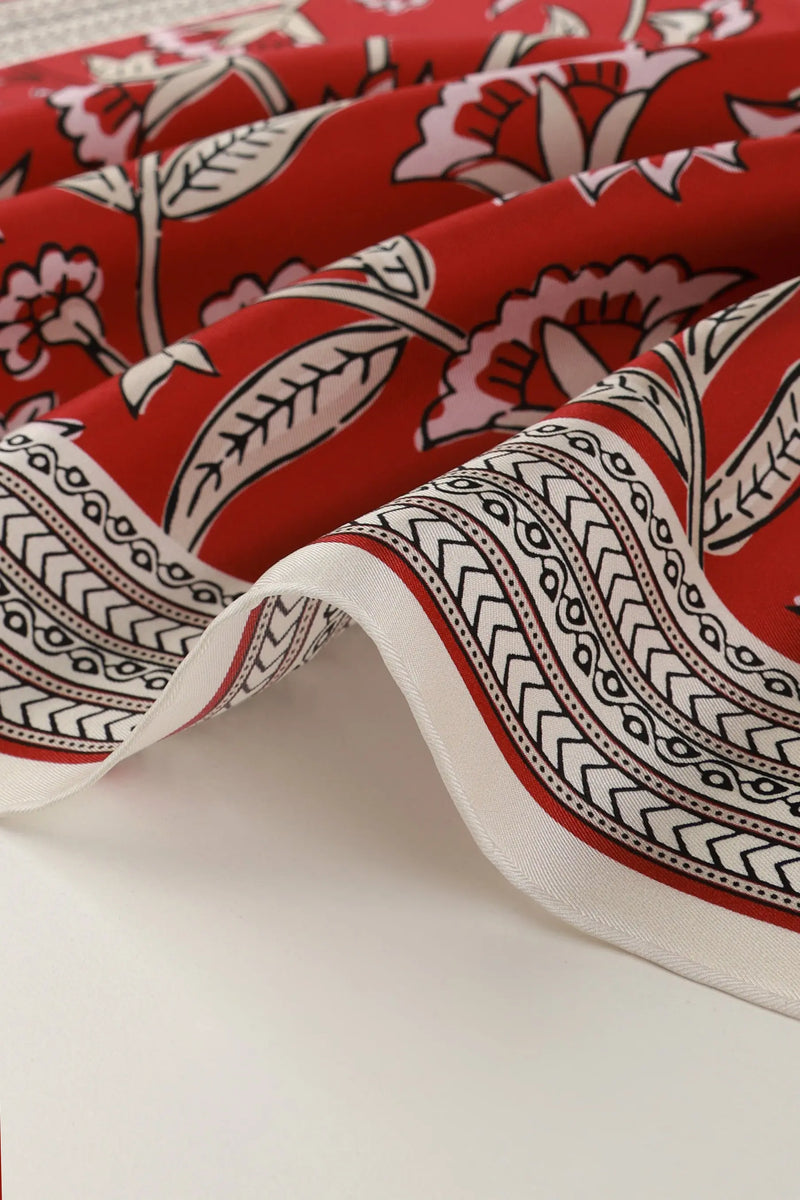 Bordo Retro Floral Desenli İpek Eşarp  Mısırlı 1951