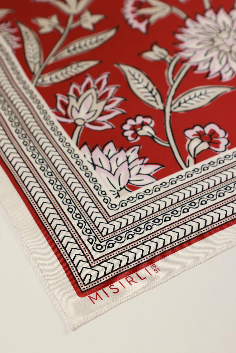 Bordo Retro Floral Desenli İpek Eşarp  Mısırlı 1951