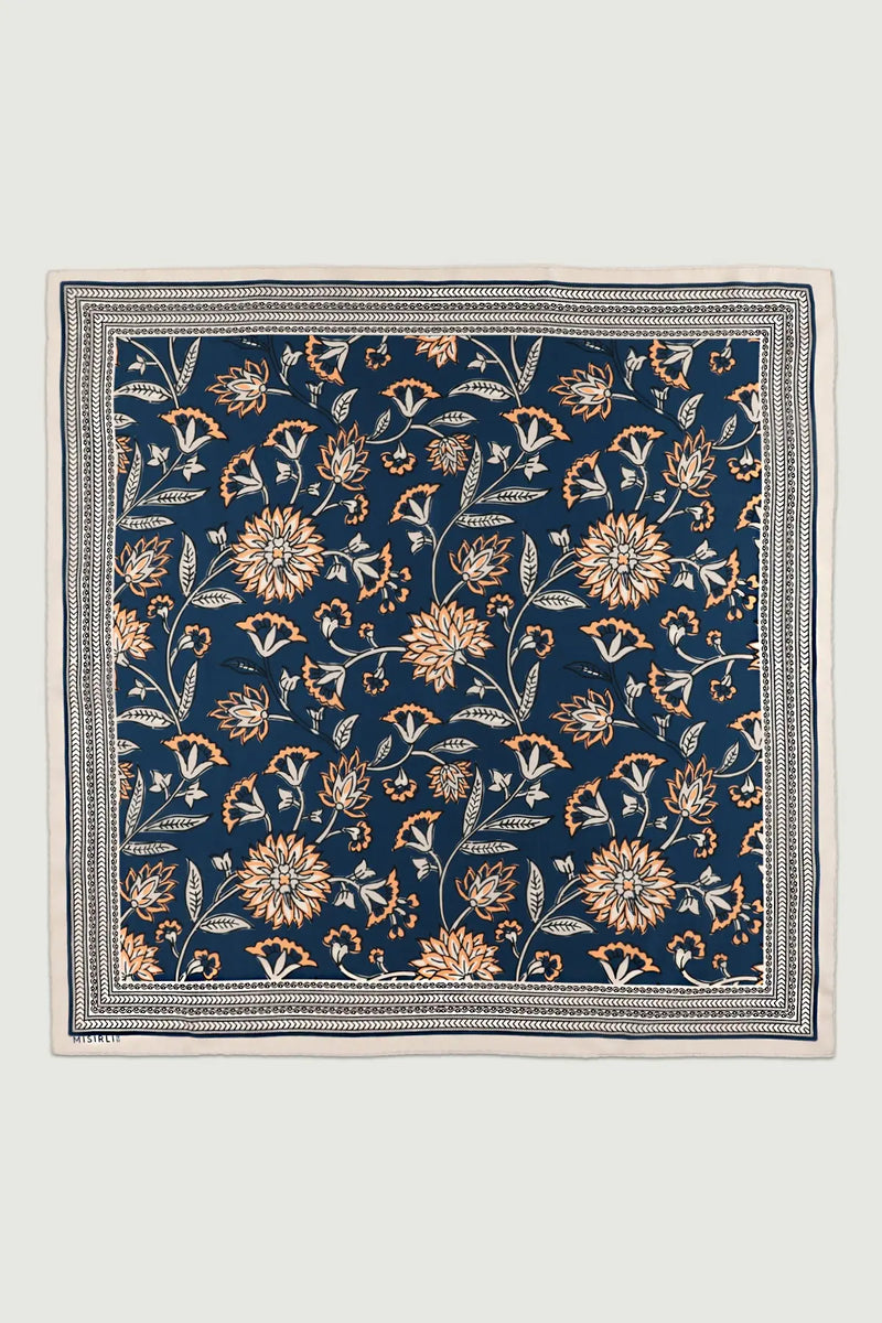 Lacivert Retro Floral Desenli İpek Eşarp  Mısırlı 1951
