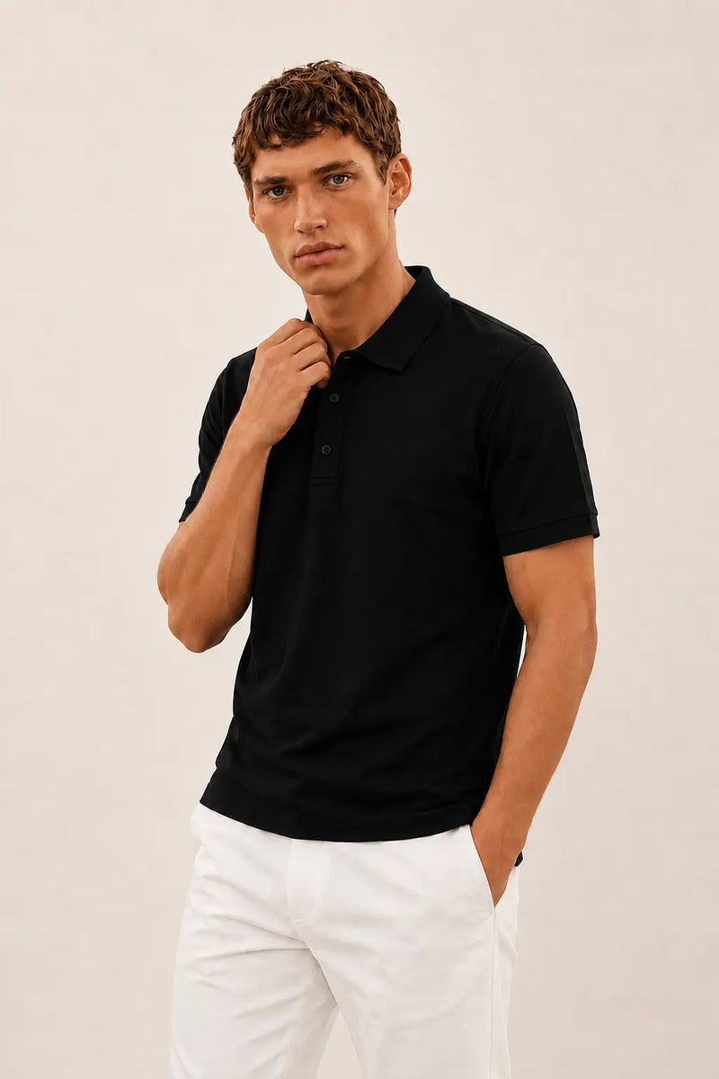 Siyah Polo Yaka Triko Erkek T-Shirt
