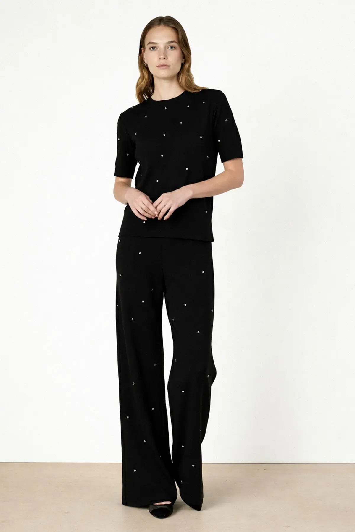 Siyah Taş İşlemeli Bol Paça Kadın Pantolon - Mısırlı 1951