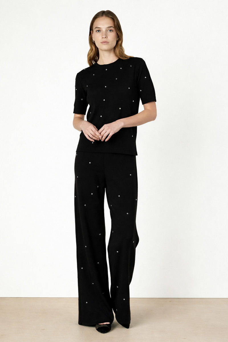 Siyah Taş İşlemeli Bol Paça Kadın Pantolon