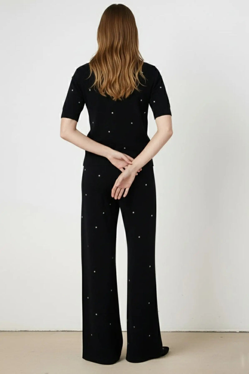 Siyah Taş İşlemeli Bol Paça Kadın Pantolon  Mısırlı 1951