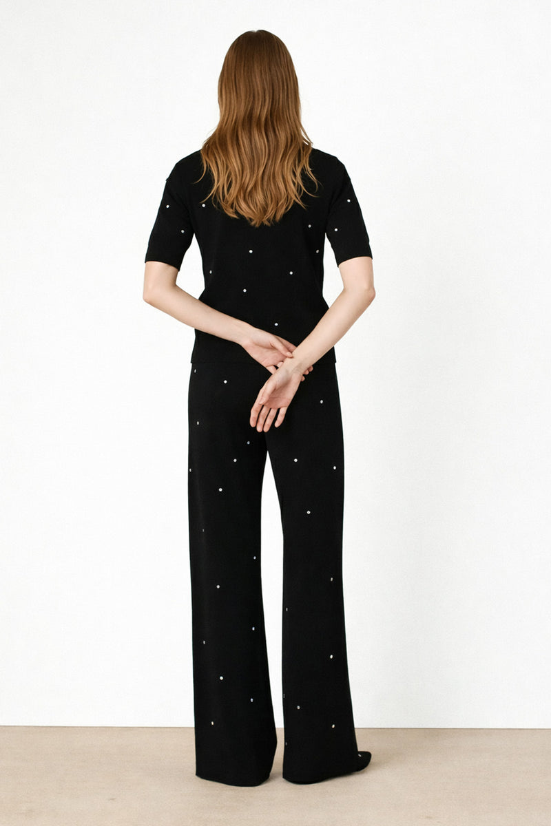 Siyah Taş İşlemeli Bol Paça Kadın Pantolon