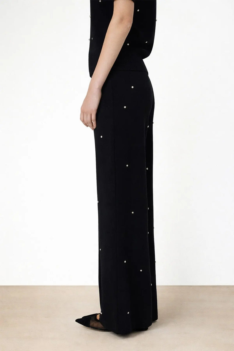 Siyah Taş İşlemeli Bol Paça Kadın Pantolon