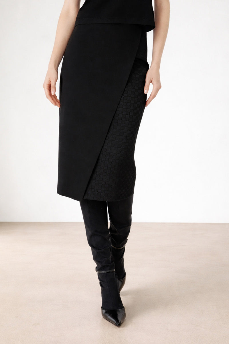 Siyah Kruvaze Desenli Midi Boy Etek