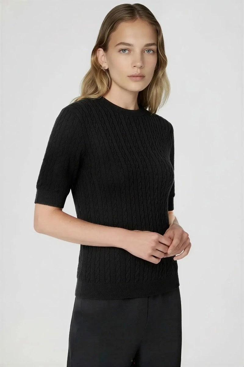 Siyah Örgü Desenli Yarım Kollu Kadın Kazak  Mısırlı 1951