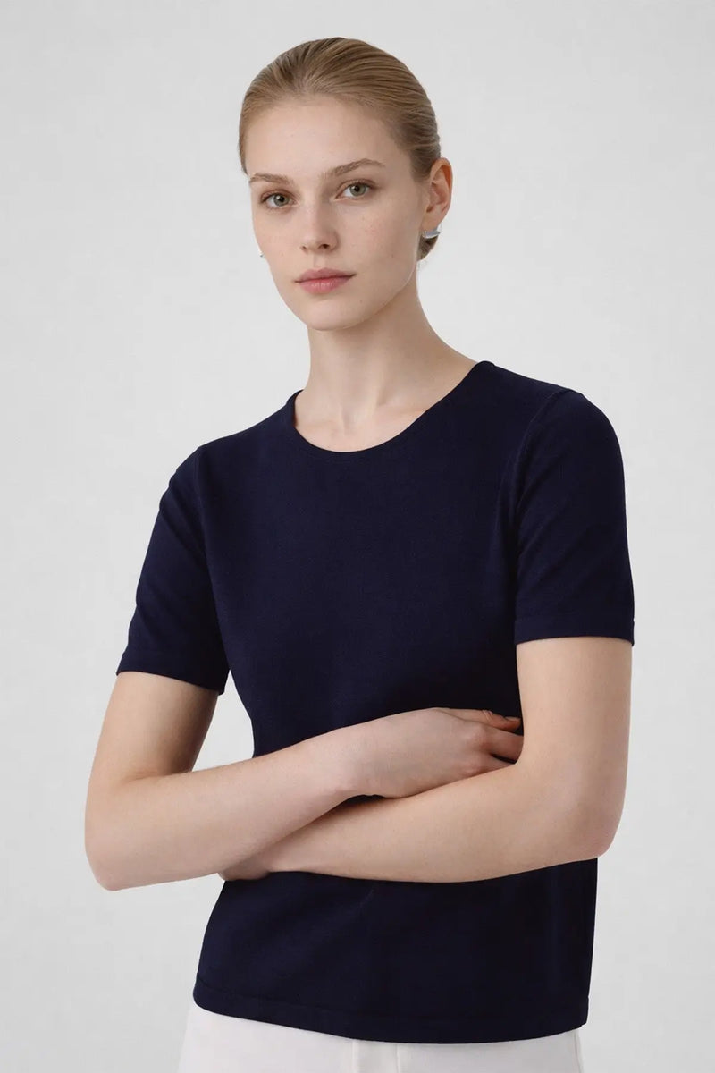 Lacivert Bisiklet Yaka Kısa Kollu Kadın Tişört  Mısırlı 1951