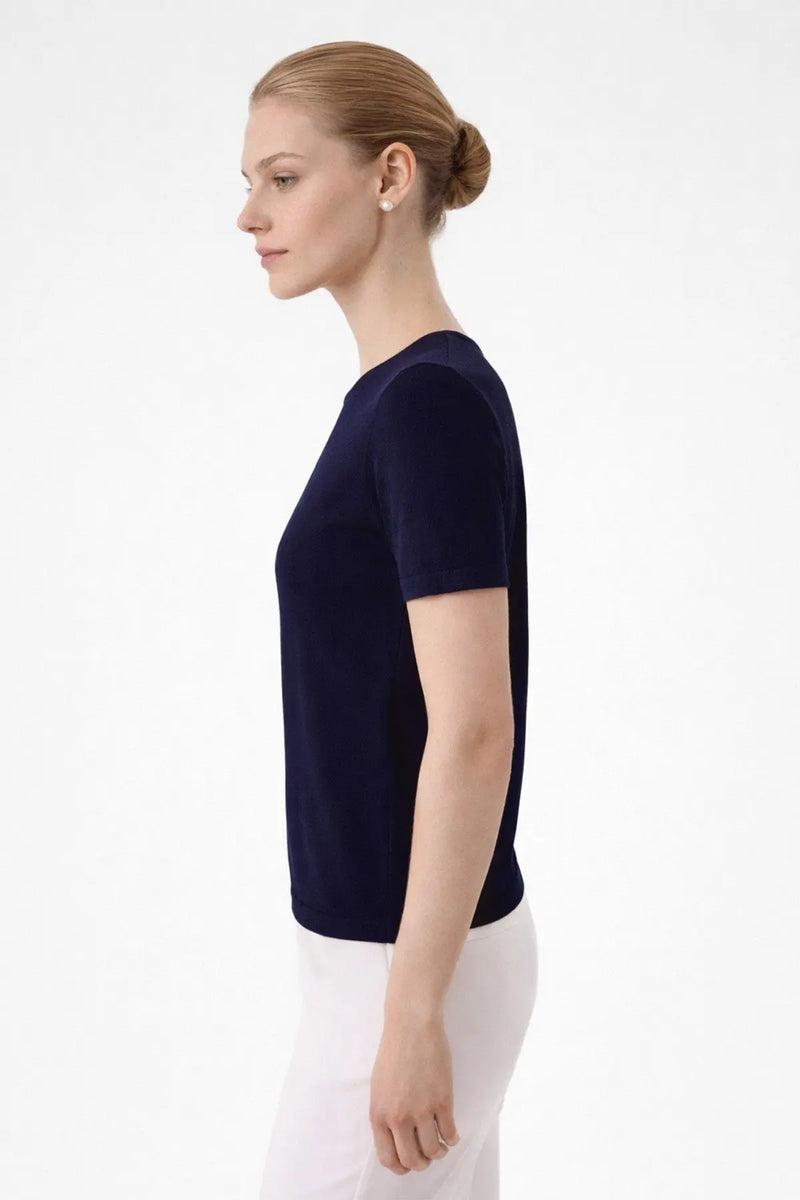 Lacivert Bisiklet Yaka Kısa Kollu Kadın Tişört  Mısırlı 1951