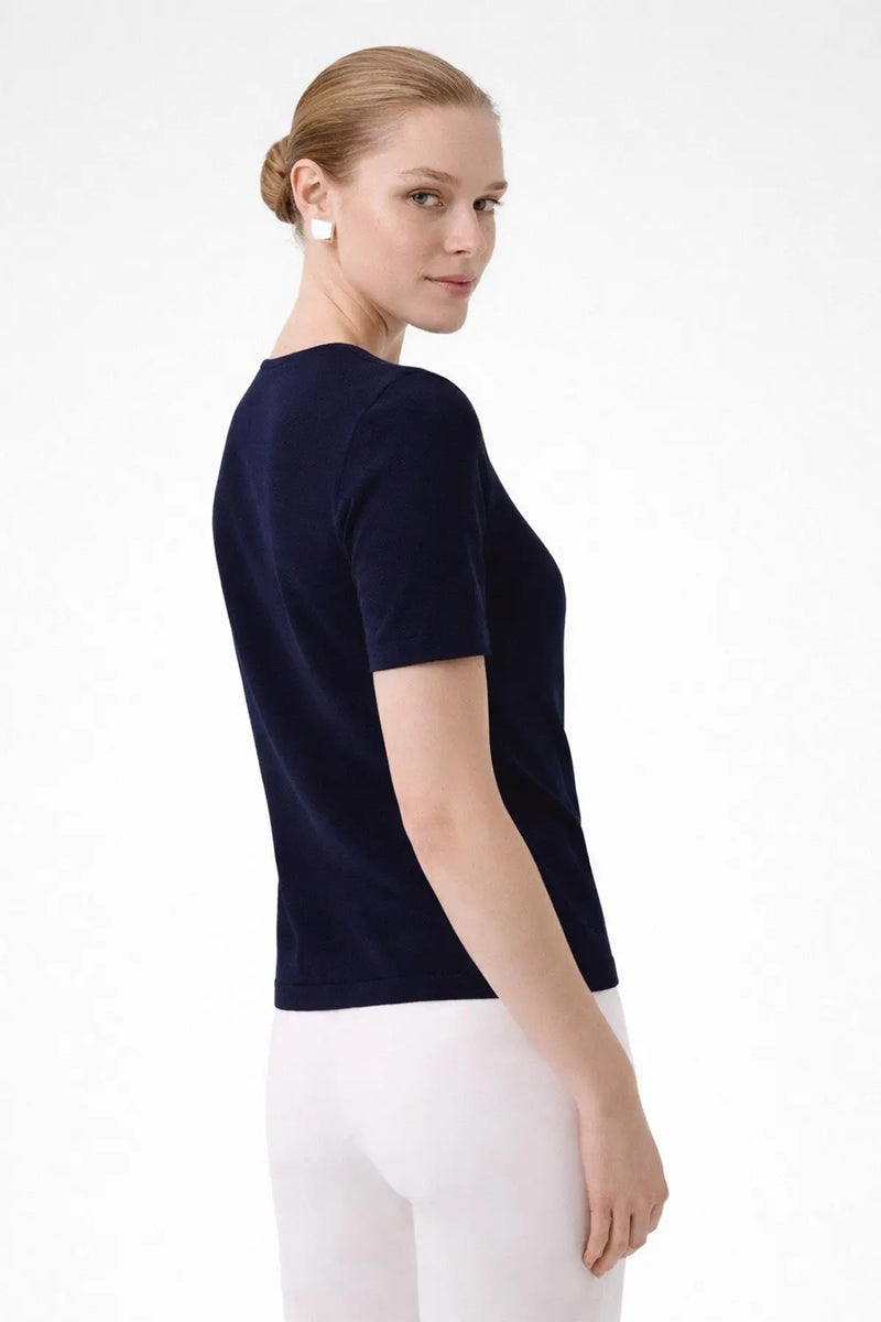 Lacivert Bisiklet Yaka Kısa Kollu Kadın Tişört  Mısırlı 1951