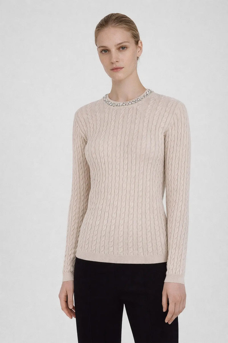 Açık Bej Yakası Taş İşlemeli Kadın Kazak  Mısırlı 1951