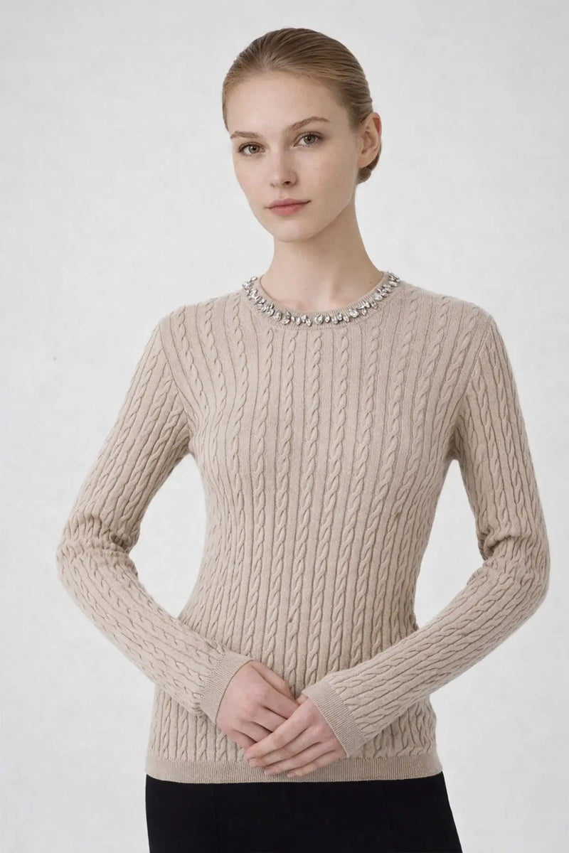 Gri Yeşil Yakası Taş İşlemeli Kadın Kazak  Mısırlı 1951