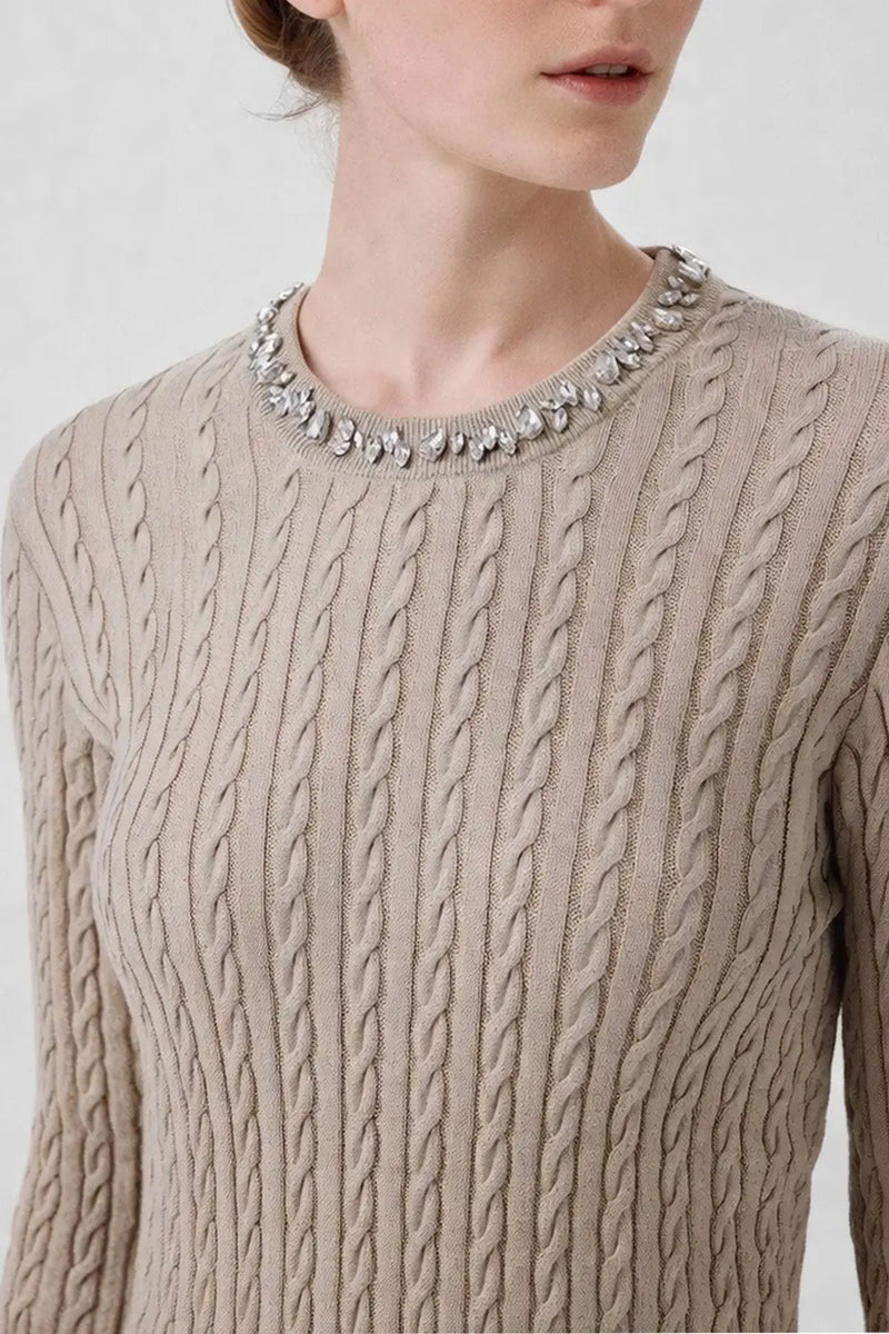 Gri Yeşil Yakası Taş İşlemeli Kadın Kazak  Mısırlı 1951