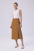 Camel Kruvaze Asimetrik Yırtmaçlı Midi Etek