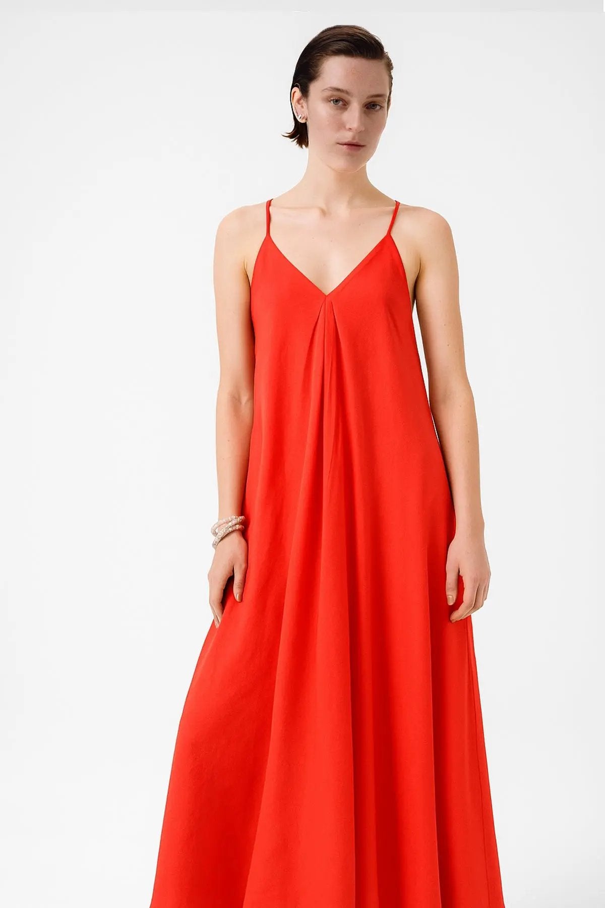 Nar Çiçeği İnce Askılı V Yaka Uzun Elbise  Mısırlı 1951