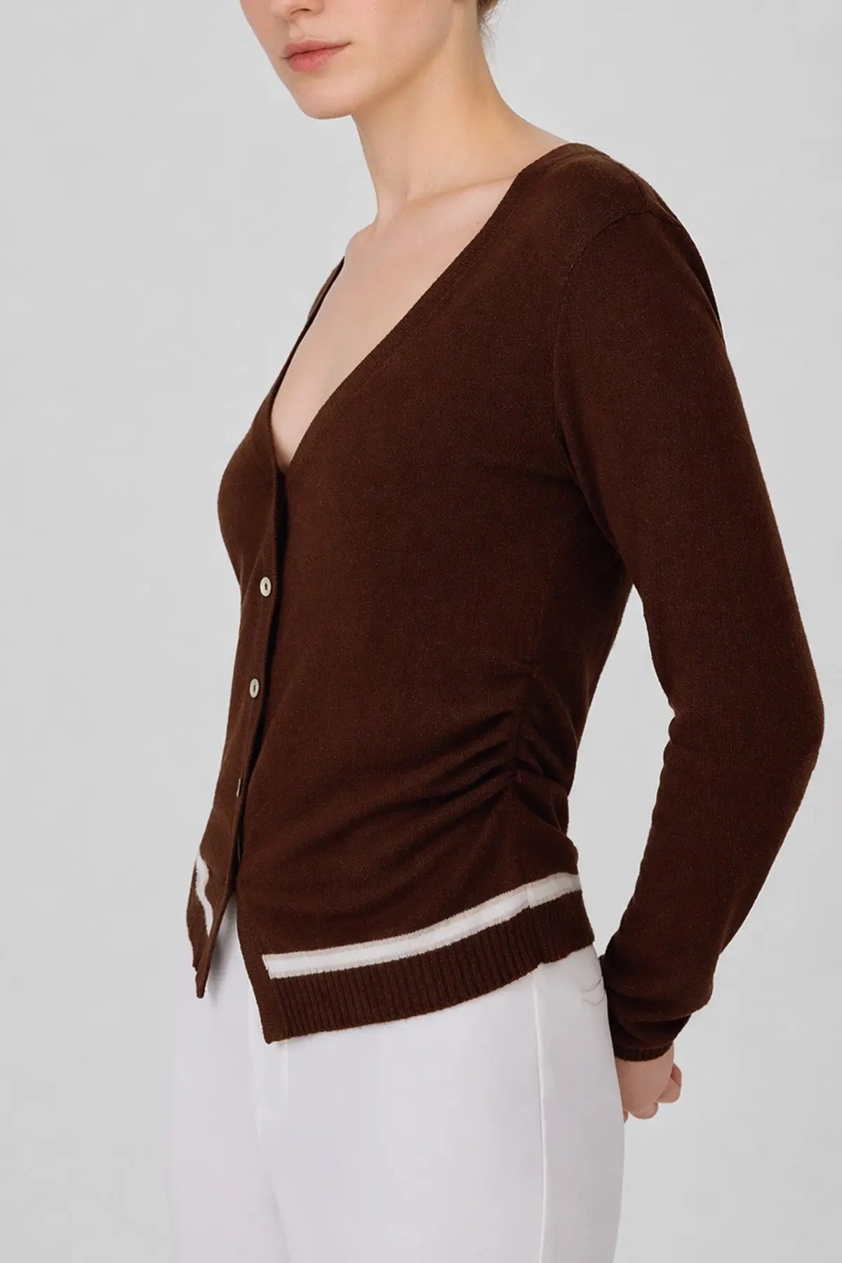 Kahverengi Beli Büzgülü Kadın Hırka  Mısırlı 1951