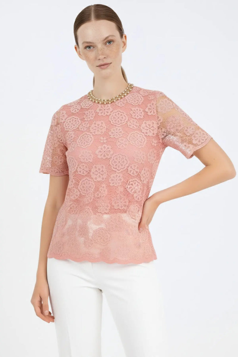 Gül Kurusu Dantelli Kısa Kollu Bluz  Mısırlı 1951