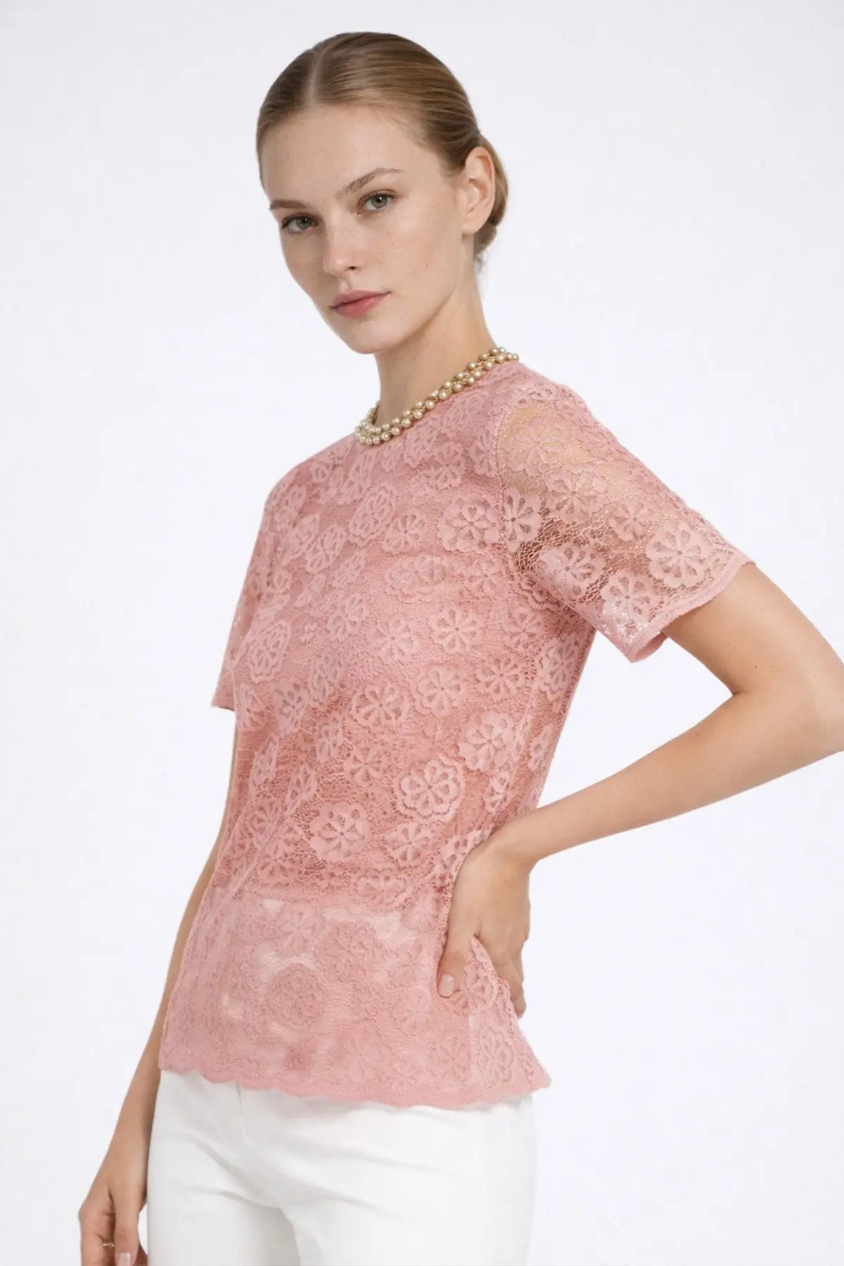 Gül Kurusu Dantelli Kısa Kollu Bluz  Mısırlı 1951