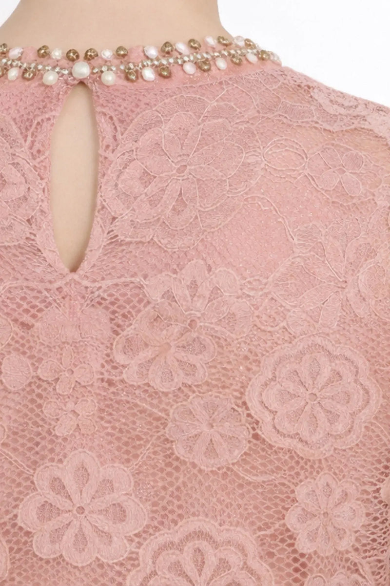 Gül Kurusu Dantelli Kısa Kollu Bluz