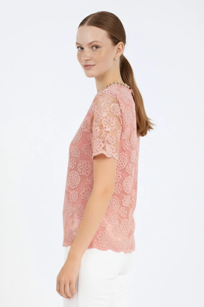 Gül Kurusu Dantelli Kısa Kollu Bluz  Mısırlı 1951