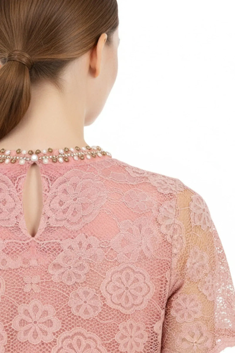 Gül Kurusu Dantelli Kısa Kollu Bluz  Mısırlı 1951