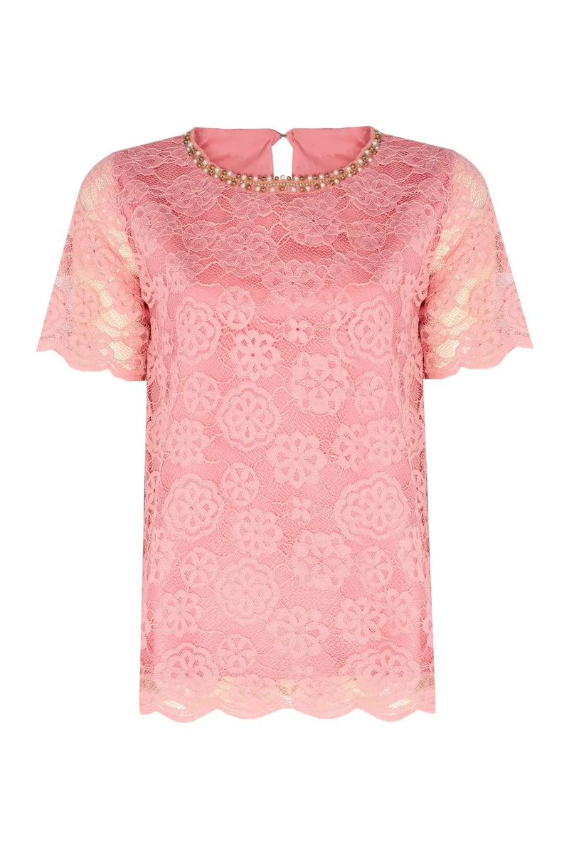 Gül Kurusu Dantelli Kısa Kollu Bluz