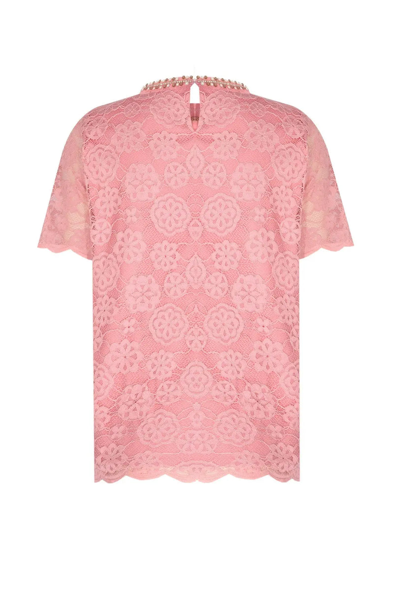 Gül Kurusu Dantelli Kısa Kollu Bluz