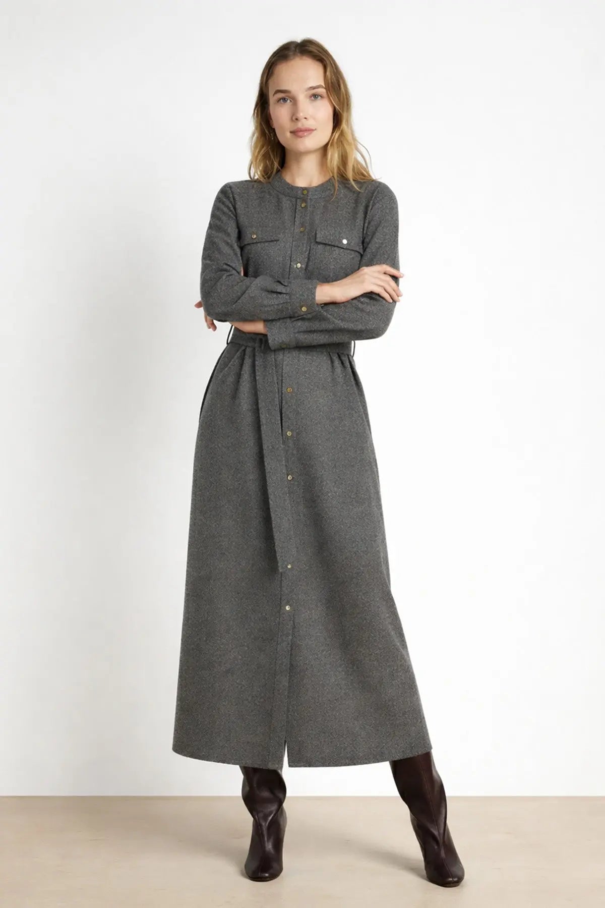 Koyu Gri Beli Kuşak Bağlamalı Gömlek Elbise - Mısırlı 1951