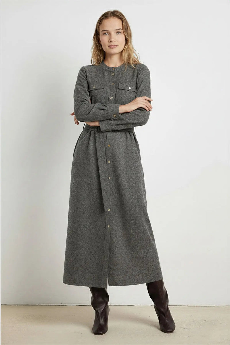 Koyu Gri Beli Kuşak Bağlamalı Gömlek Elbise - Mısırlı 1951