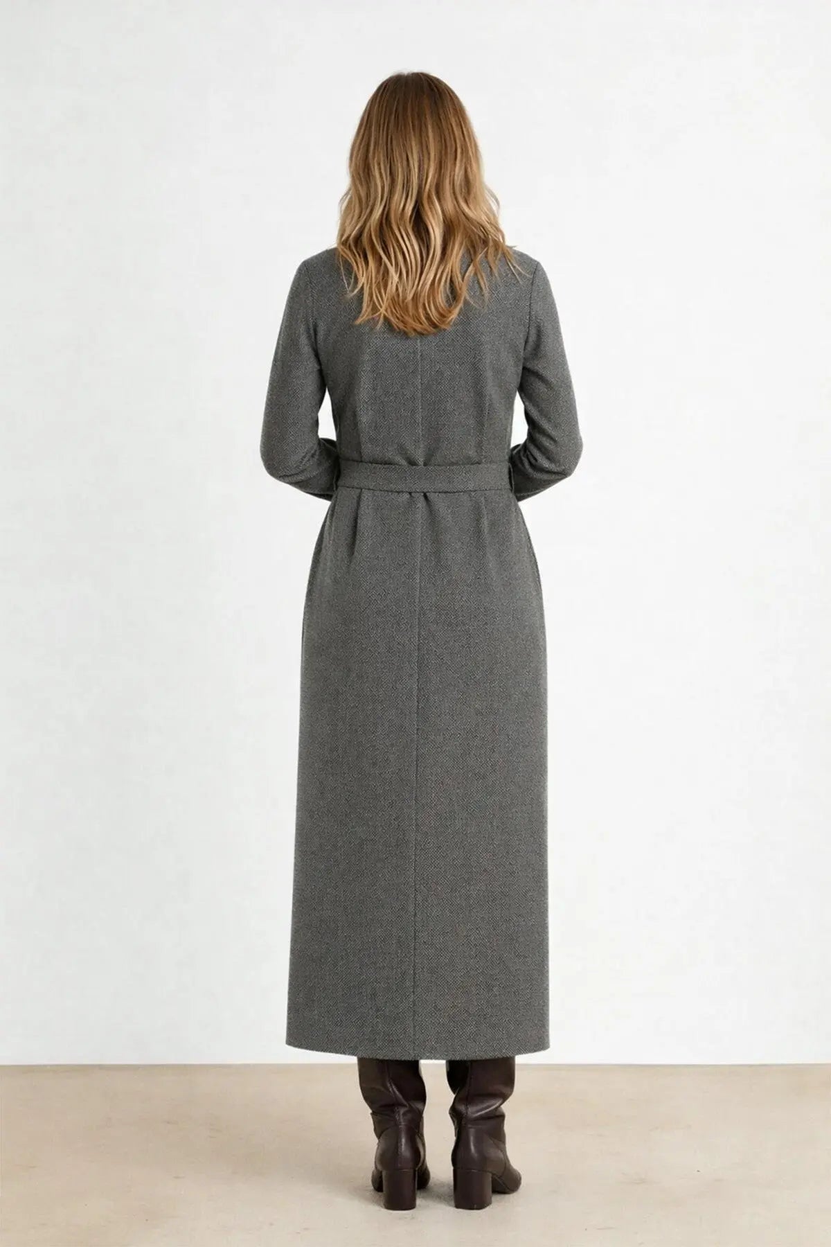 Koyu Gri Beli Kuşak Bağlamalı Gömlek Elbise - Mısırlı 1951