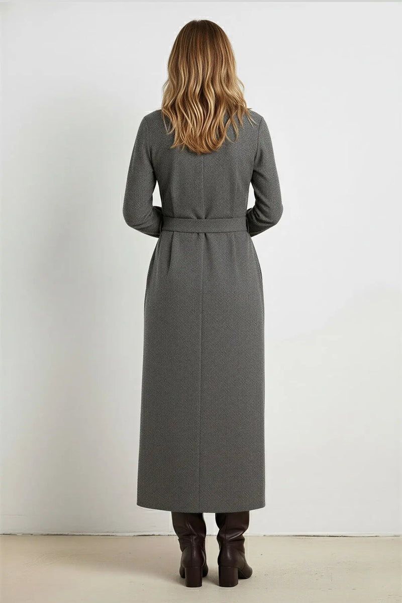 Koyu Gri Beli Kuşak Bağlamalı Gömlek Elbise - Mısırlı 1951